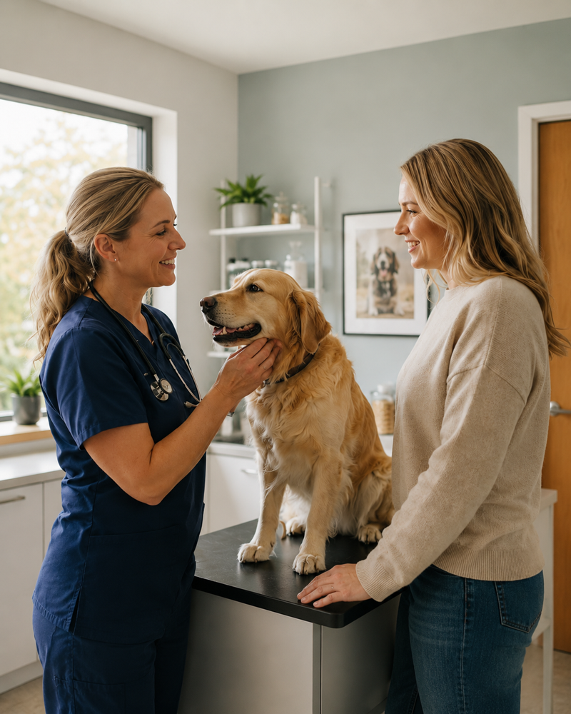 Tierarztpraxis oder Tierklinik mit Tierhalter, Tier und Praxisteam