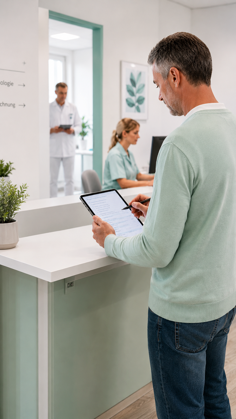 Patient füllt einen digitalen Anamnese- und Aufklärungsbogen auf einem Tablet aus